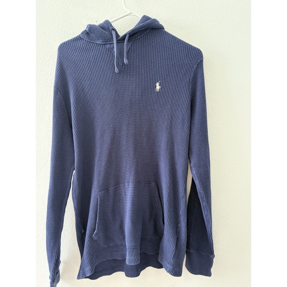 Polo Ralph Lauren Hoodie Mens Medium Navy Blue Waffle Knit Thermal Pullover